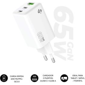 Comprar Cargador de Pared GaN Subblim 65W Charger USB C+C+A/ 2xUSB Tipo-C/ 1xUSB/ 65W - Ganga Electrónica