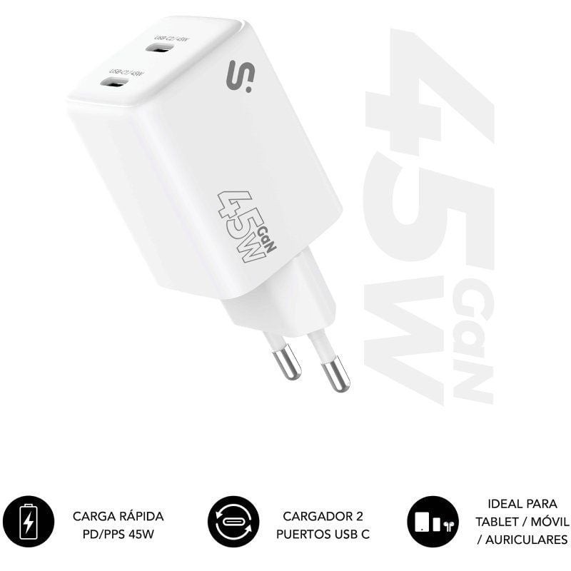 Comprar Cargador de Pared GaN Subblim 45W Charger USB C+C/ 2xUSB Tipo-C/ 45W - Ganga Electrónica