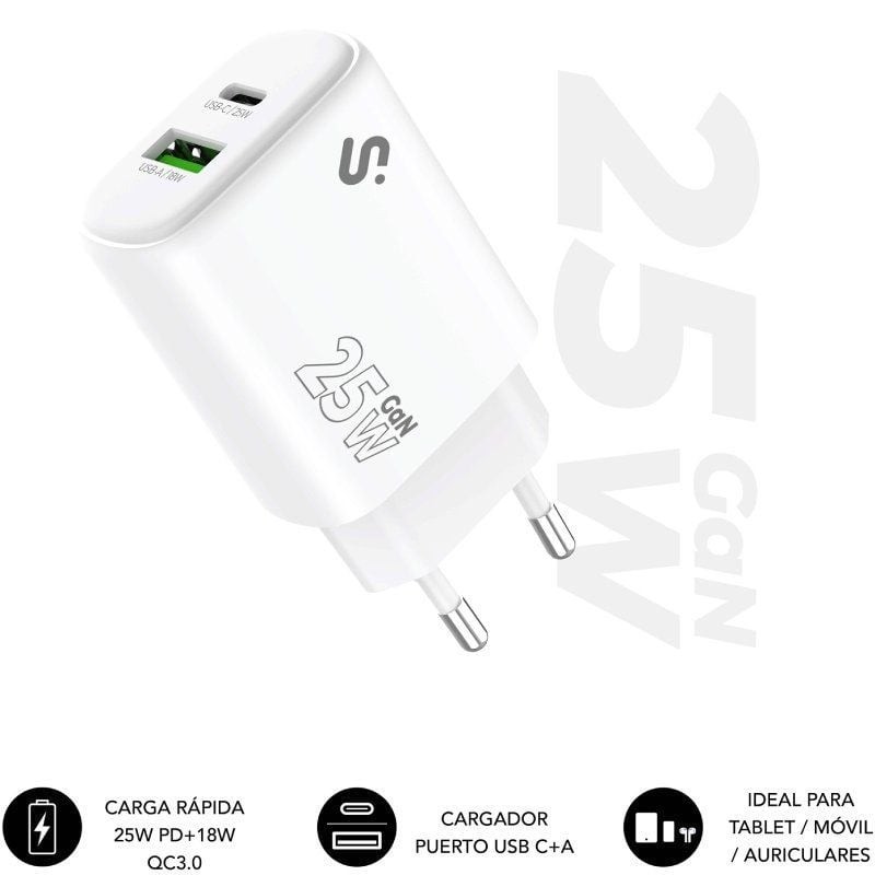 Comprar Cargador de Pared GaN Subblim 25W Charger USB C+A/ 1xUSB Tipo-C/ 1xUSB/ 25W - Ganga Electrónica