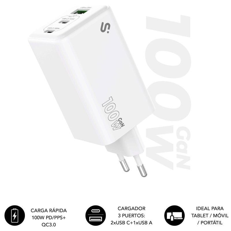 Comprar Cargador de Pared GaN Subblim 100W Charger USB C+C+A/ 2xUSB Tipo-C/ 1xUSB/ 100W - Ganga Electrónica