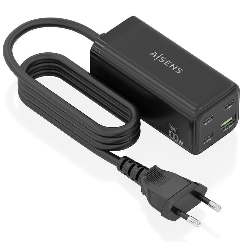Comprar Cargador Sobremesa GaN Aisens ASCH-100W4P054-BK/ 3xUSB Tipo-C/ 1xUSB/ 100W - Ganga Electrónica