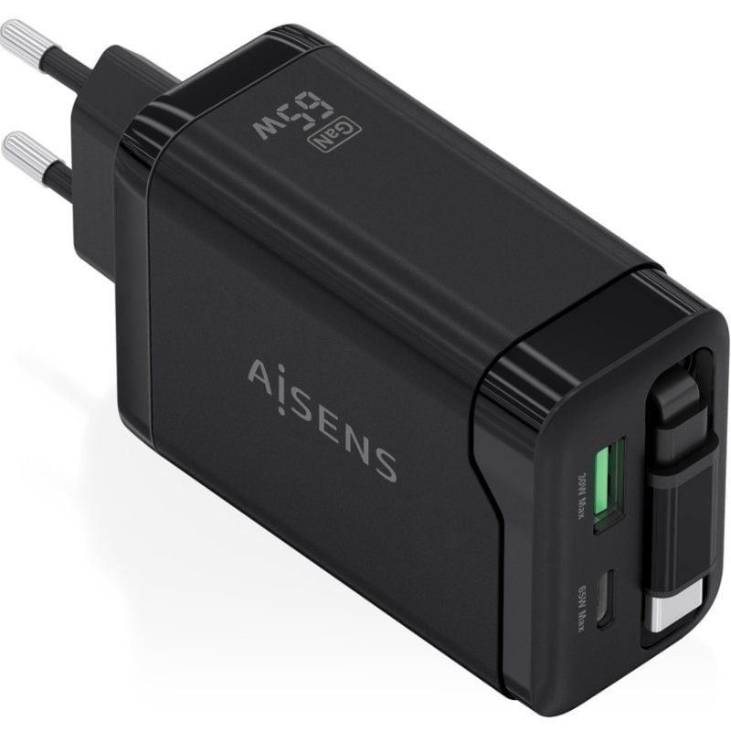 Comprar Cargador de Pared GaN Aisens ASCH-65W3P071-BK/ 1xUSB Tipo-C/ 1xUSB/ 65W/ Negro - Ganga Electrónica