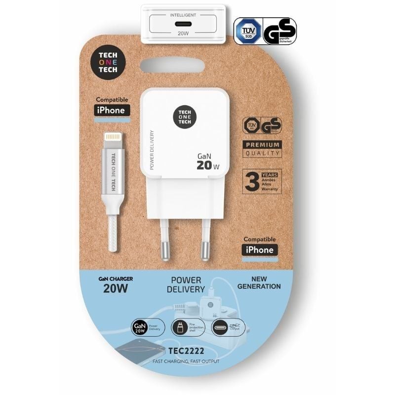 Comprar Cargador de Pared Tech One Tech TEC2222/ 1xUSB Tipo-C + Cable Lightning/ 20W/ Blanco - Ganga Electrónica