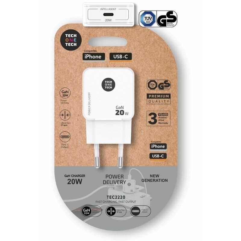 Comprar Cargador de Pared GaN Tech One Tech GaN TEC2220/ 1xUSB Tipo-C/ 20W/ Blanco - Ganga Electrónica