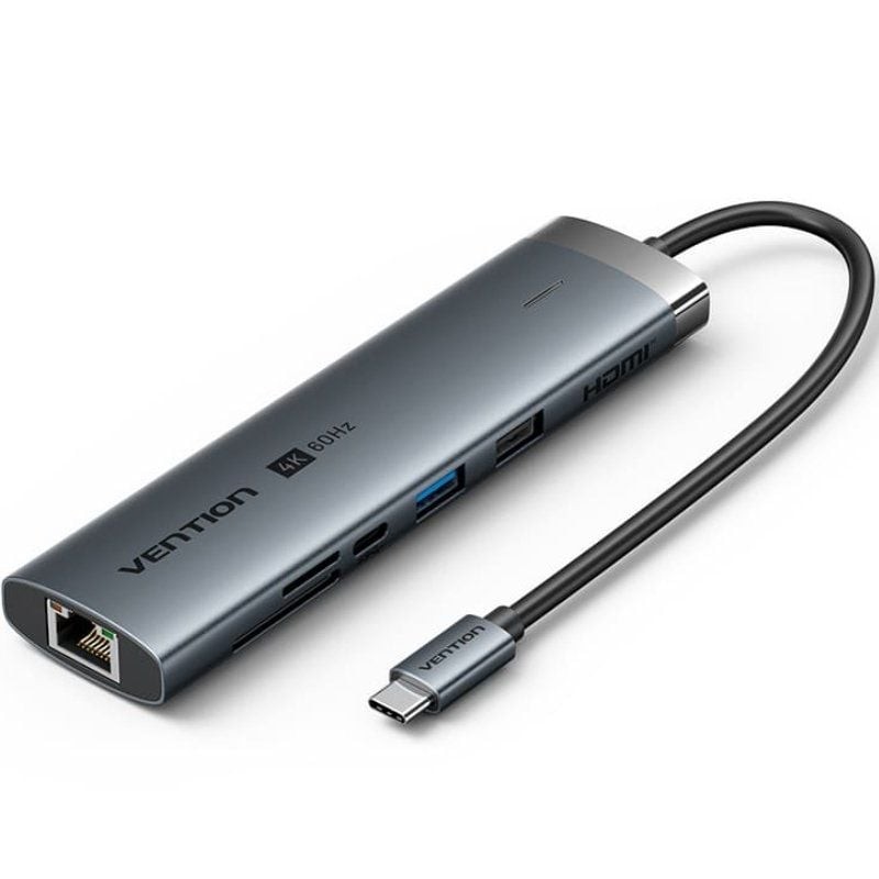 Comprar Docking USB Tipo-C Vention TGUHB/ RJ45/ 2xUSB/ 1xUSB Tipo-C/ 1xHDMI/ 1xUSB Tipo-C PD/ 1xLector de Tarjetas/ Gris - Ganga