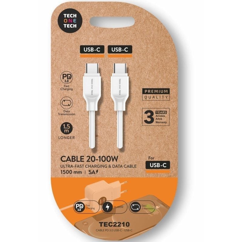 Comprar Cable USB 2.0 Tipo-C Tech One Tech TEC2210/ USB Tipo-C Macho - USB Tipo-C Macho/ Hasta 100W/ 480Mbps/ 1.5m/ Blanco - Gan