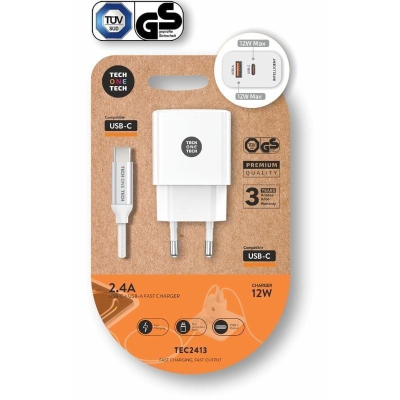 Comprar Cargador de Pared Tech One Tech TEC2413/ 1xUSB Tipo-C/ 1xUSB + Cable USB Tipo-C/ 12W/ Blanco - Ganga Electrónica