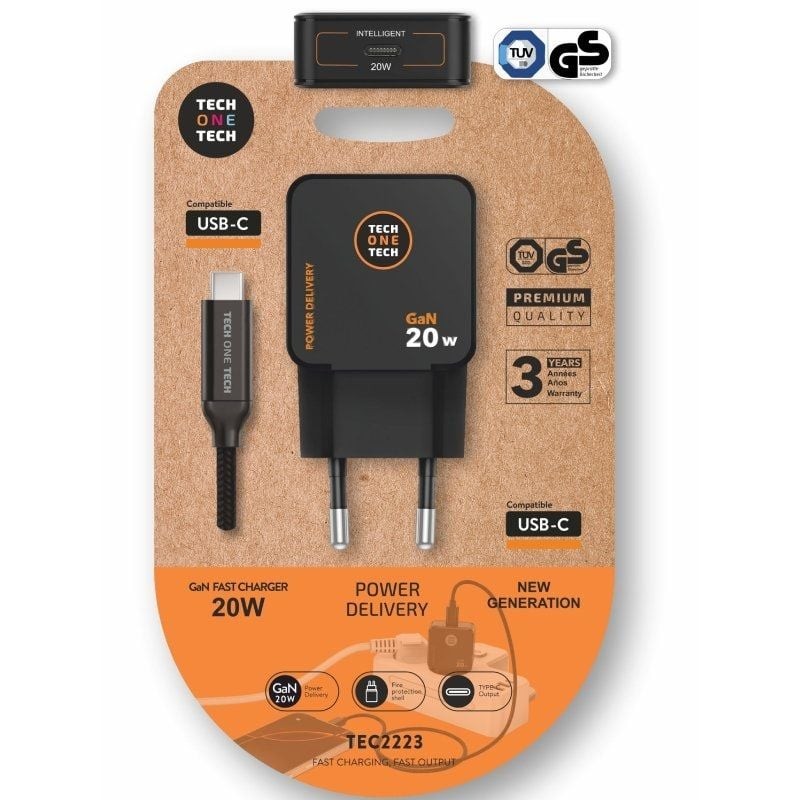 Comprar Cargador de Pared GaN Tech One Tech TEC2223/ 1xUSB Tipo-C + Cable USB Tipo-C/ 20W/ Negro - Ganga Electrónica