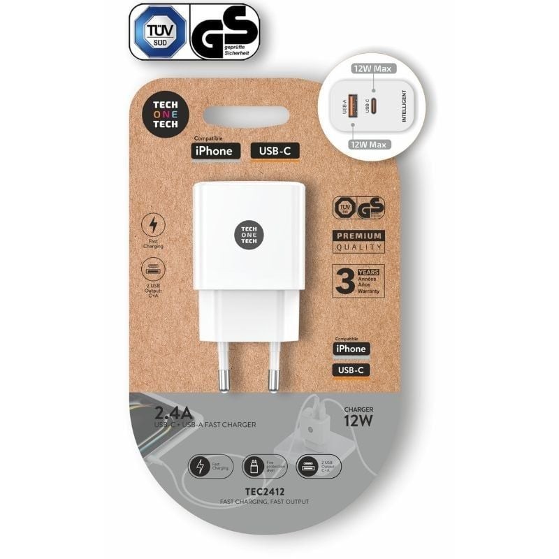 Comprar Cargador de Pared Tech One Tech TEC2412/ 1xUSB Tipo-C/ 1xUSB/ 12W/ Blanco - Ganga Electrónica