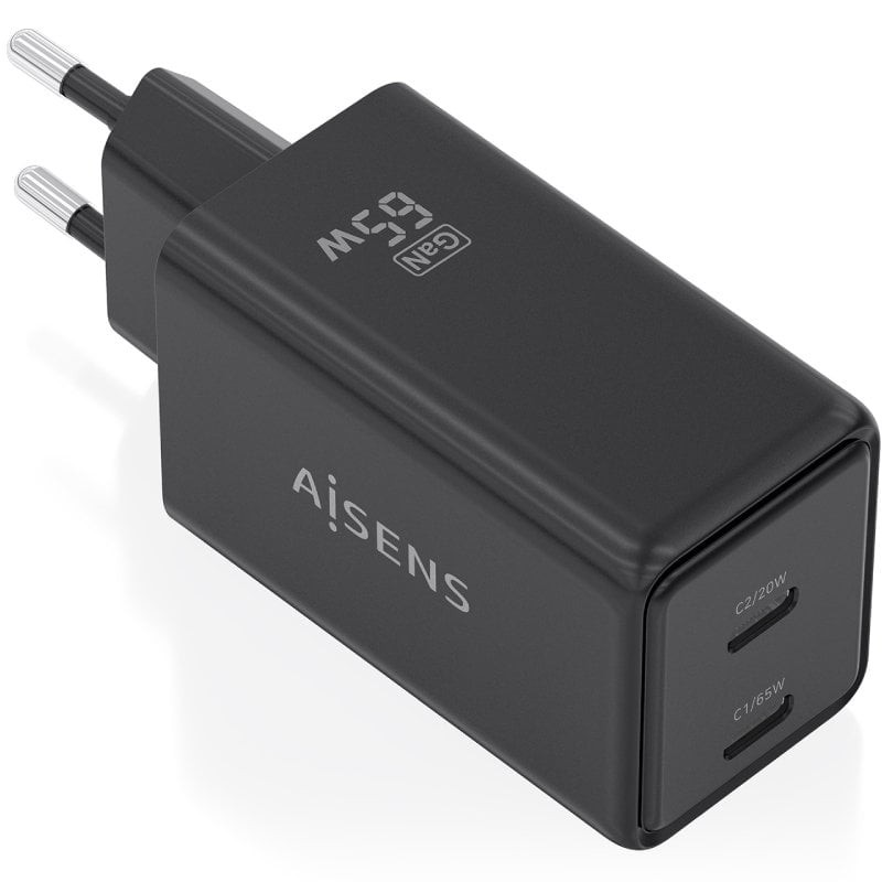 Comprar Cargador de Pared GaN Aisens ASCH-65W2P079-BK/ 2xUSB Tipo-C/ 65W/ Negro - Ganga Electrónica