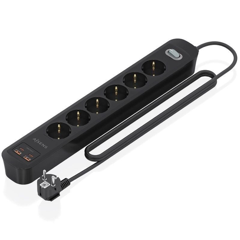 Comprar Regleta con Interruptor Aisens ASPS-2A2C17-BK/ 6 Tomas de Corriente/ 2 USB - 2 USB Tipo-C/ Cable 1.4m/ Negro - Ganga Ele