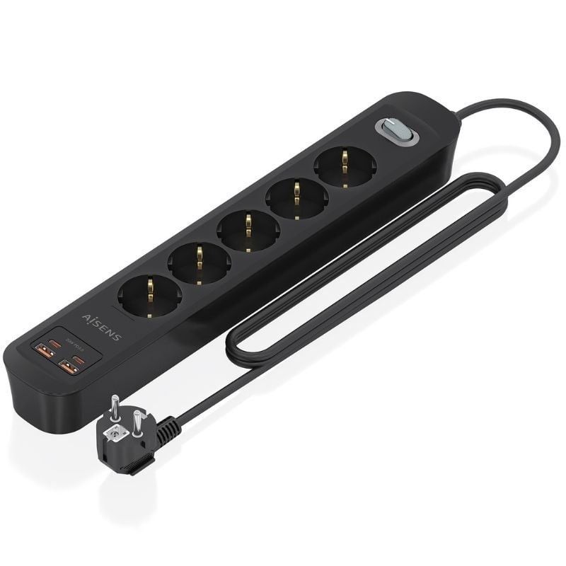 Comprar Regleta con Interruptor Aisens ASPS-2A2C15-BK/ 5 Tomas de Corriente/ 2 USB - 2 USB Tipo-C/ Cable 1.4m/ Negro - Ganga Ele