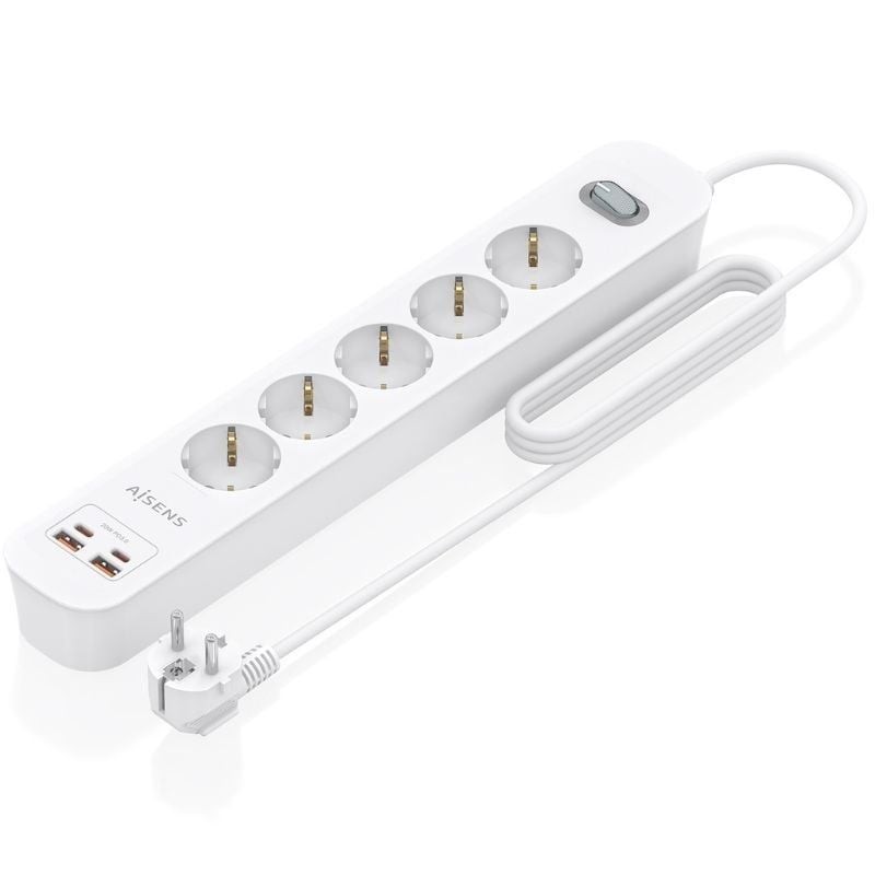 Comprar Regleta con Interruptor Aisens ASPS-2A2C14-W/ 5 Tomas de Corriente/ 2 USB - 2 USB Tipo-C/ Cable 1.4m/ Blanco - Ganga Ele