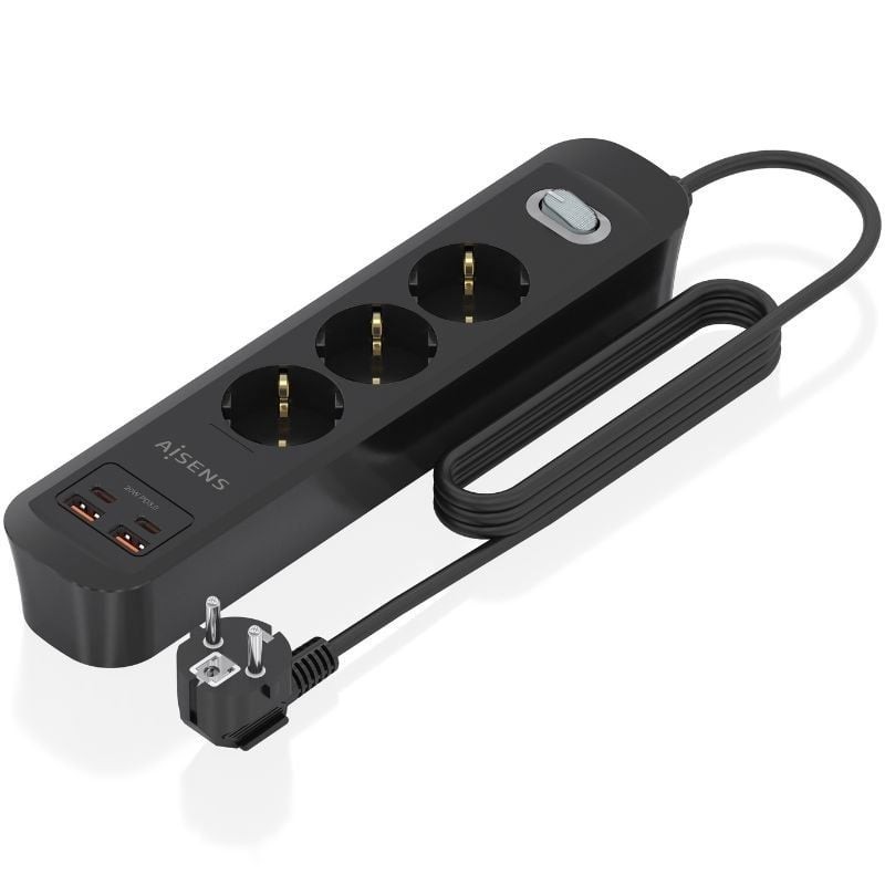 Comprar Regleta con Interruptor Aisens ASPS-2A2C11-BK/ 3 Tomas de Corriente/ 2 USB - 2 USB Tipo-C/ Cable 1.4m/ Negro - Ganga Ele