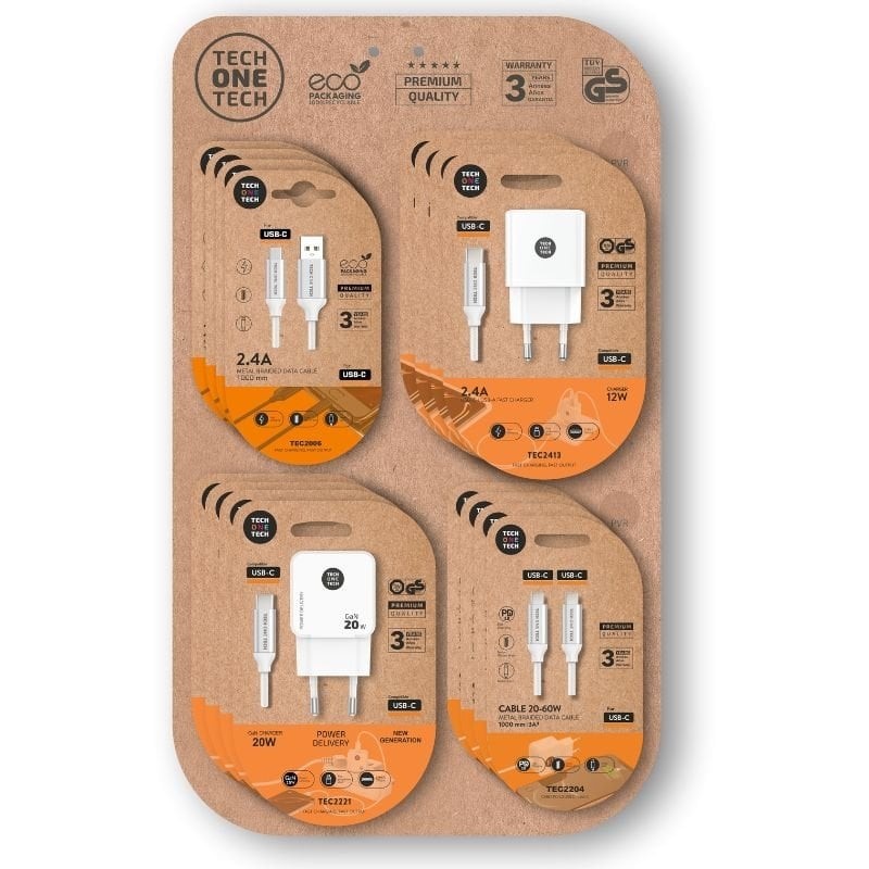 Comprar Expositor de Cargadores GaN y Cables Tech One Tech EKO 400801/ 4 ganchos/ Incluye 16 Productos - Ganga Electrónica