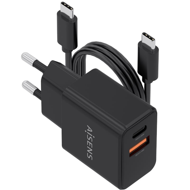 Comprar Cargador de Pared GaN Aisens ASCH-20W2P084-BK/ 1xUSB Tipo-C/ 1xUSB/ 20W/ Incluye Cable USB Tipo-C - Ganga Electrónica
