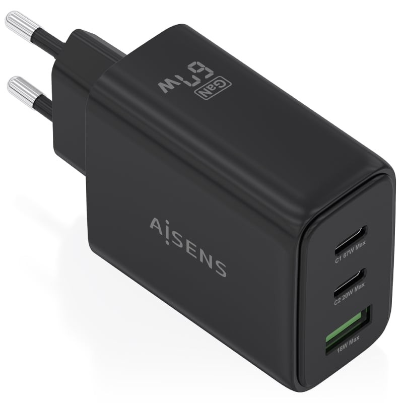 Comprar Cargador de Pared GaN Aisens ASCH-67W3P087-BK/ 2xUSB Tipo-C/ 1xUSB/ 67W - Ganga Electrónica