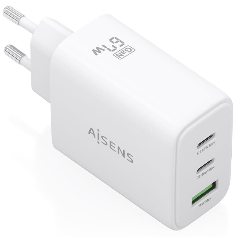 Comprar Cargador de Pared GaN Aisens ASCH-67W3P086-W/ 2xUSB Tipo-C/ 1xUSB/ 67W/ Blanco - Ganga Electrónica