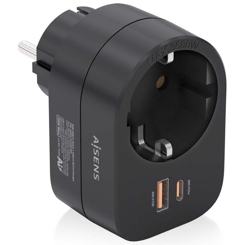 Comprar Enchufe Aisens ASPS-1A1C07-BK/ 1 Toma de Corriente/ 1 USB Tipo-C PD/ 1 USB/ Negro - Ganga Electrónica
