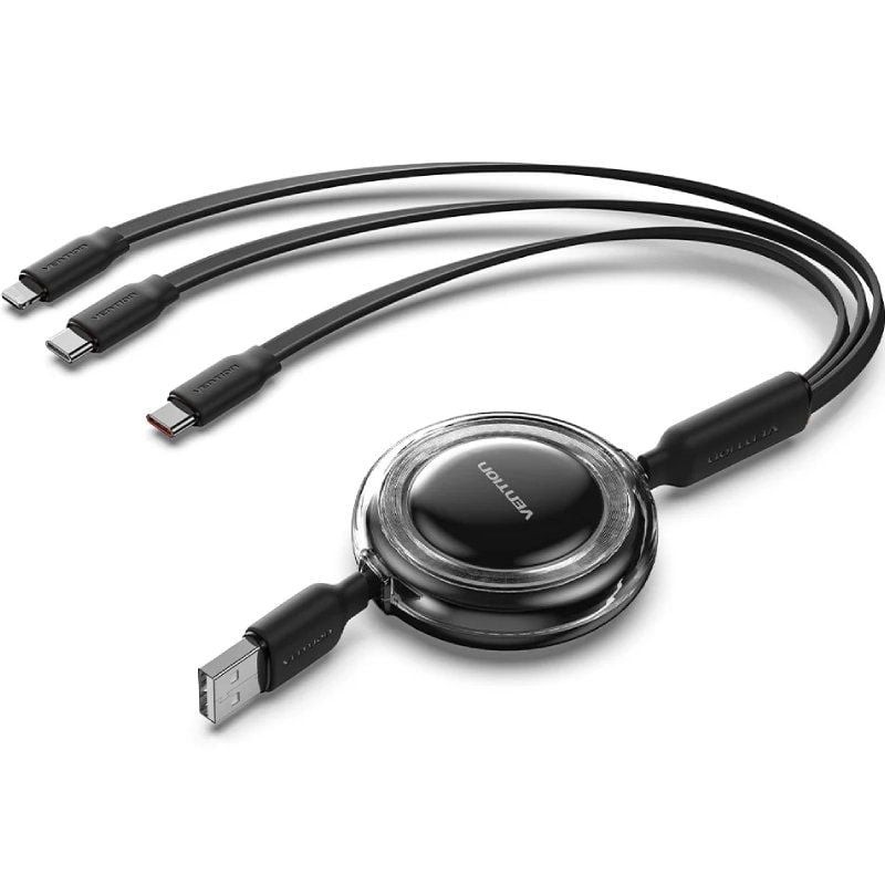Comprar Cable USB Retráctil Vention TRJBBE/ USB Macho - Lightning/ 2xUSB Tipo-C/ Hasta 17.5W/ 10Gbps/ 1.1m/ Negro - Ganga Electr