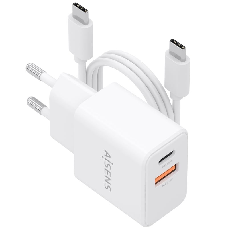 Comprar Cargador de Pared GaN Aisens ASCH-20W2P083-W/ 1xUSB Tipo-C/ 1xUSB/ 20W/ Blanco/ Incluye Cable USB Tipo-C - Ganga Electró