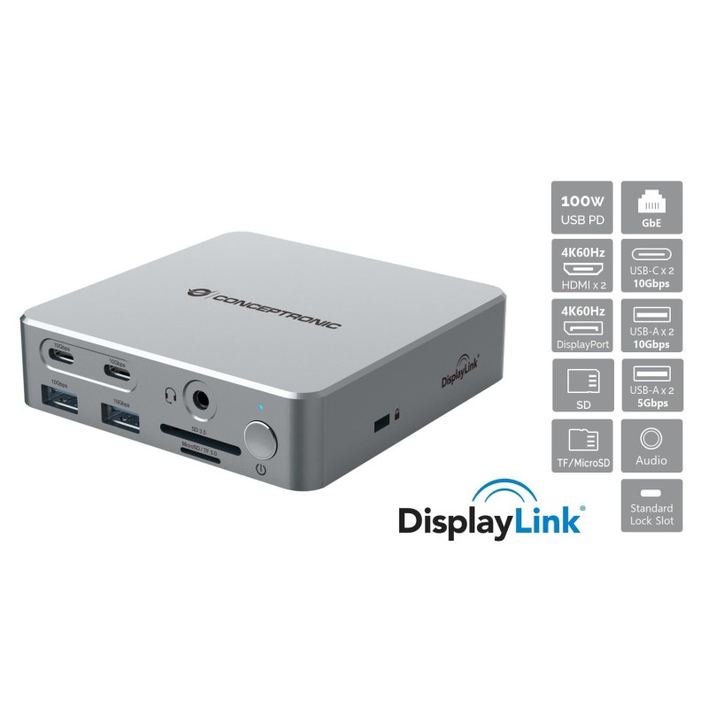 Comprar Conceptronic Dock Usb-C a 2xhdmi,2xusb-C,4xusb-A,Dp,Gbe Lan - Ganga Electrónica