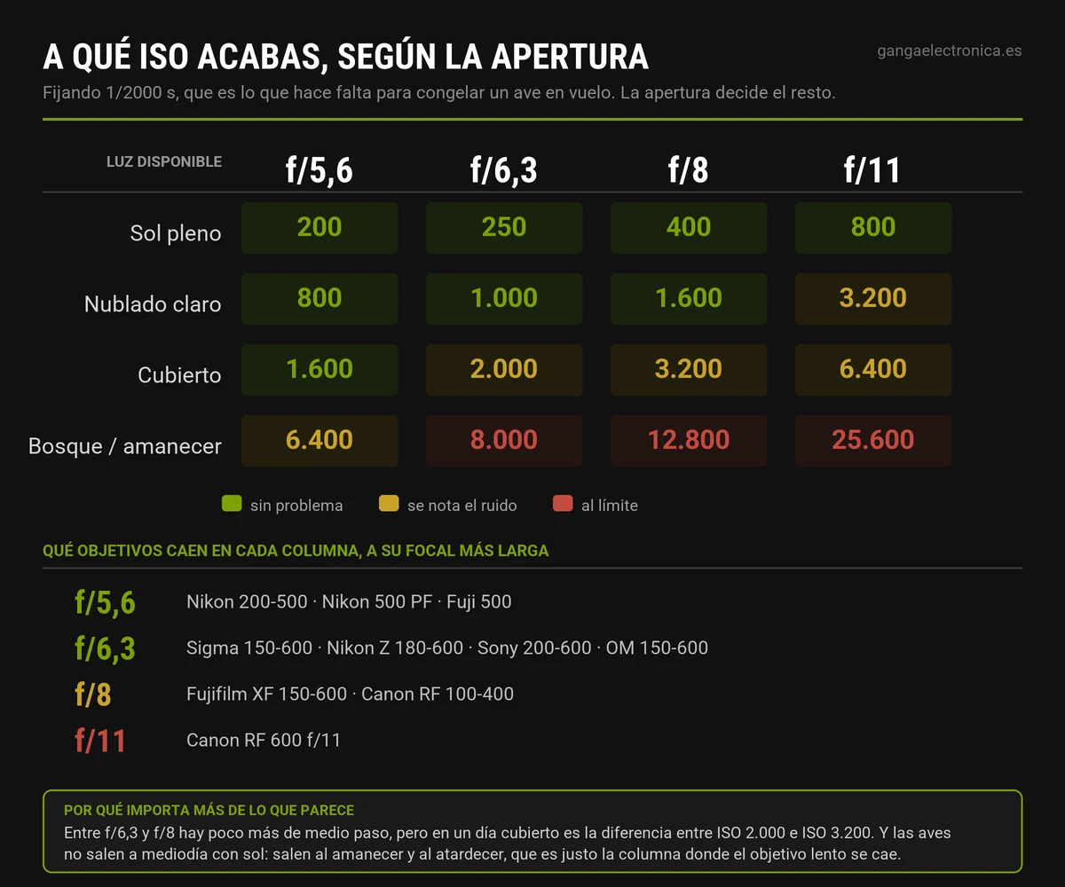Tabla del ISO necesario a 1/2000 s según la apertura máxima del objetivo y la luz disponible, con los objetivos que caen en cada columna