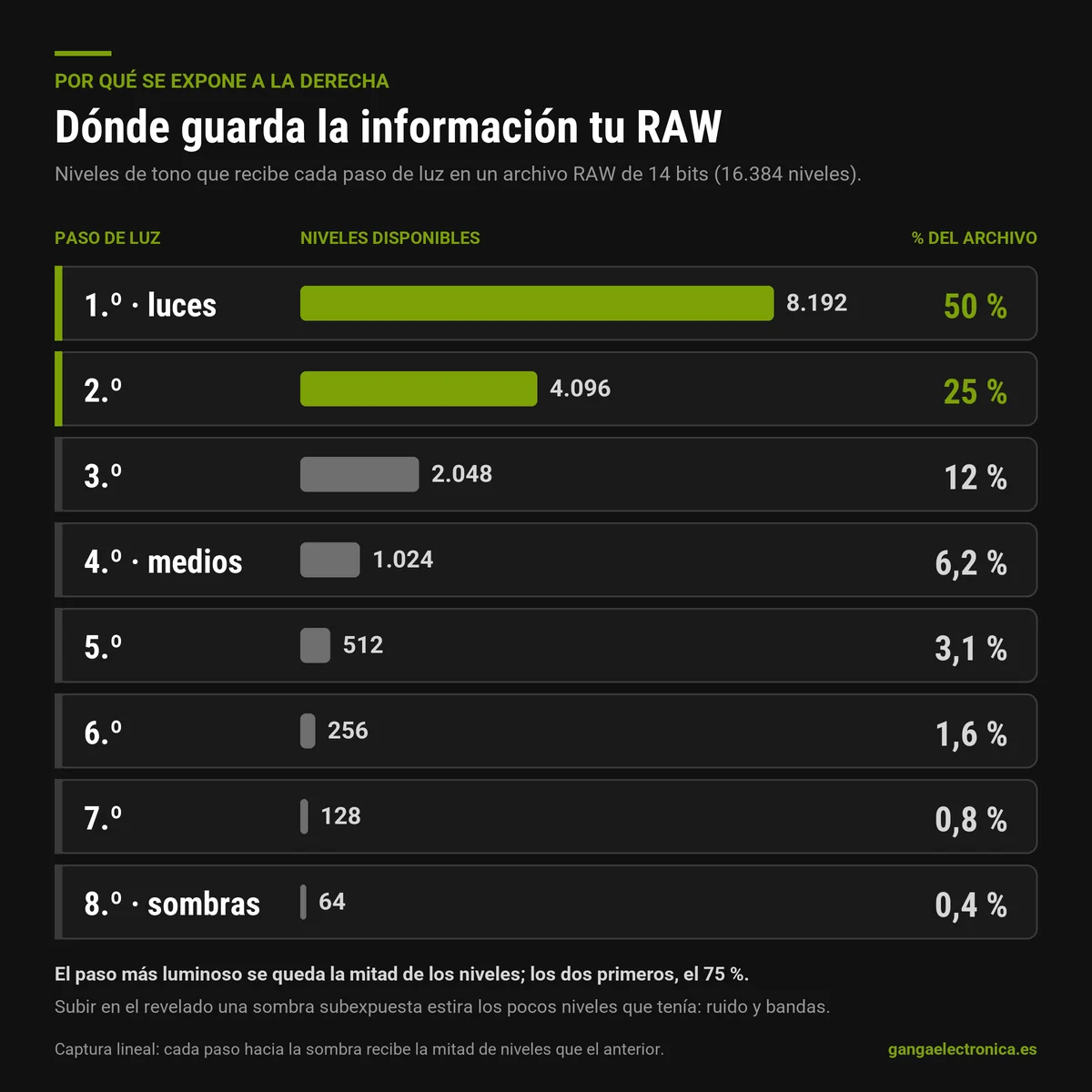 Gráfico de los niveles de tono que recibe cada paso de luz en un archivo RAW de 14 bits, de 8.192 en las luces a 64 en las sombras