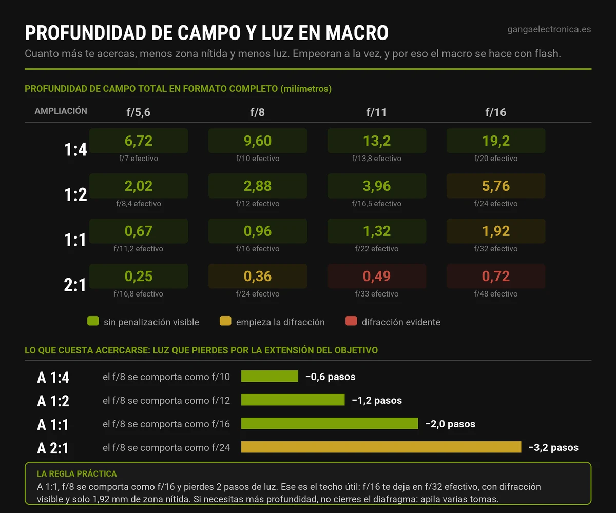Tabla de profundidad de campo total en milímetros y diafragma efectivo según la ampliación y el diafragma marcado, con la pérdida de luz en pasos